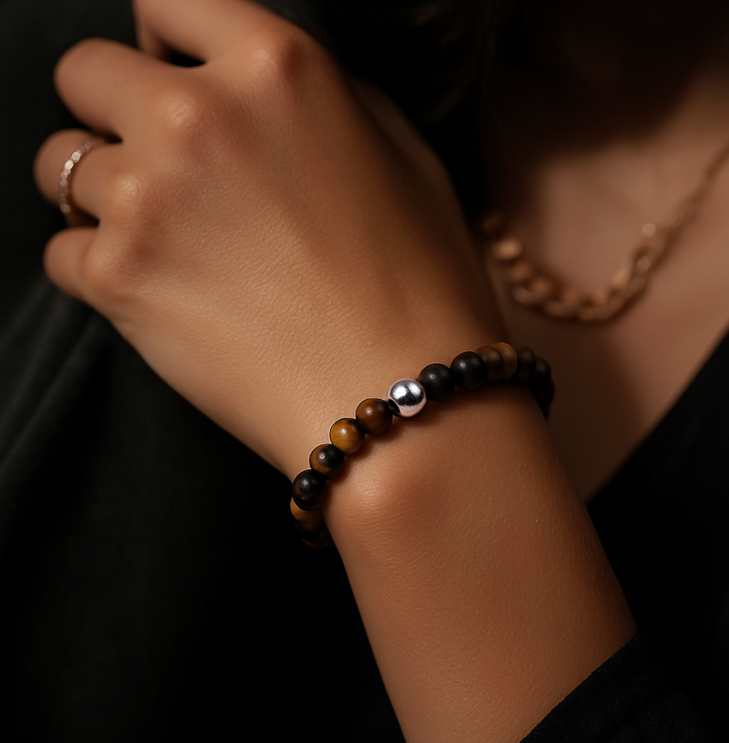 NATURAL 6MM TIGER EYE BRACELET WITH SILVER