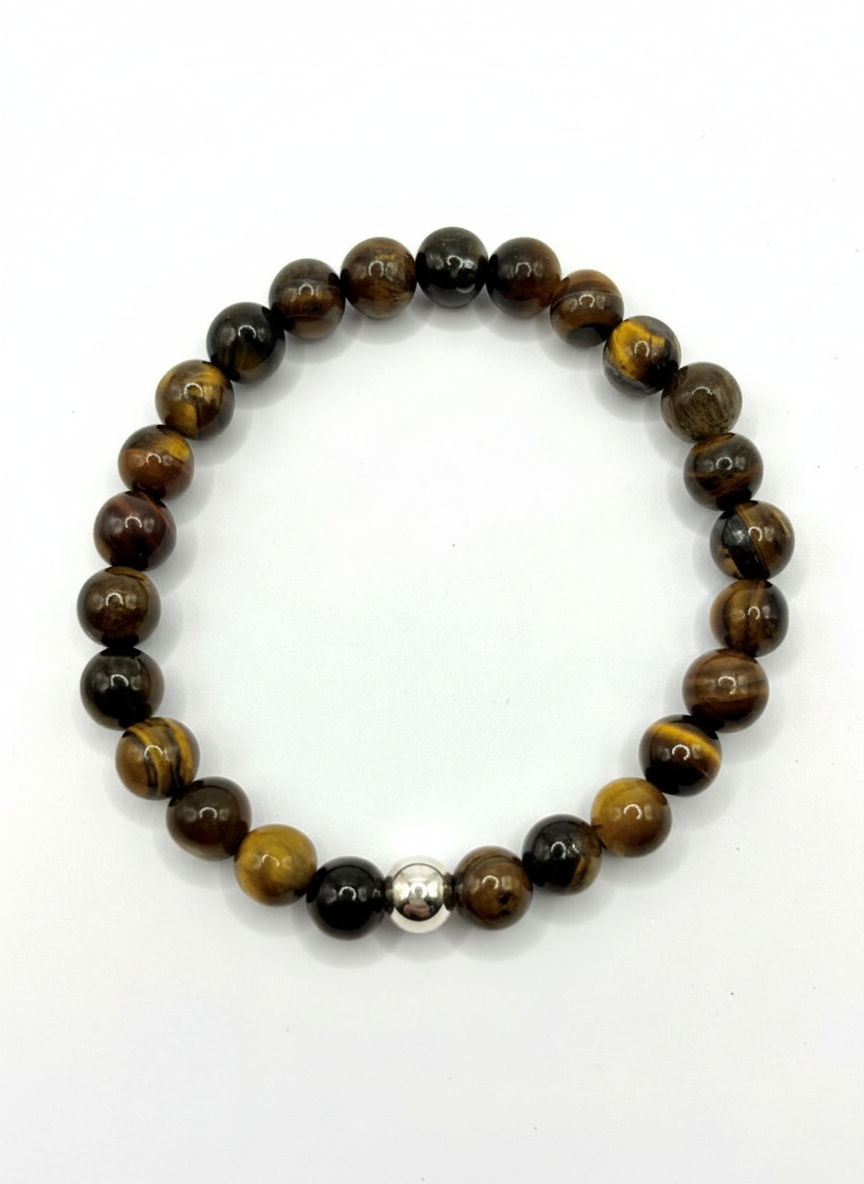 NATURAL 6MM TIGER EYE BRACELET WITH SILVER