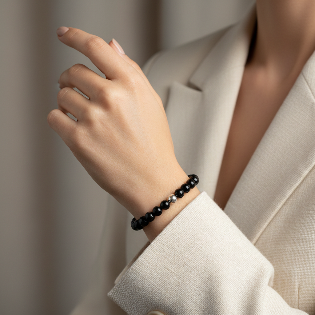 Natural 6MM BLACK ONYX  WITH SILVER