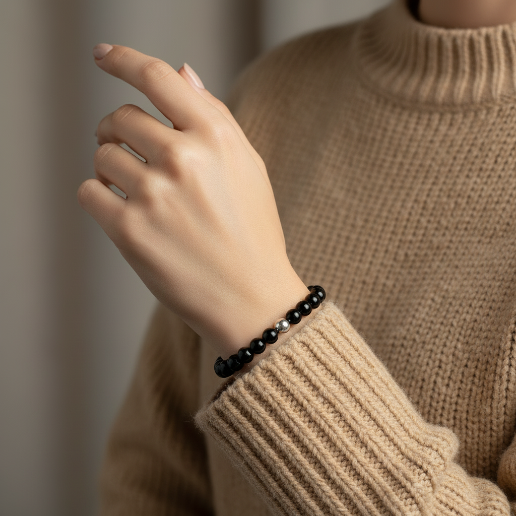 Natural 6MM BLACK ONYX  WITH SILVER