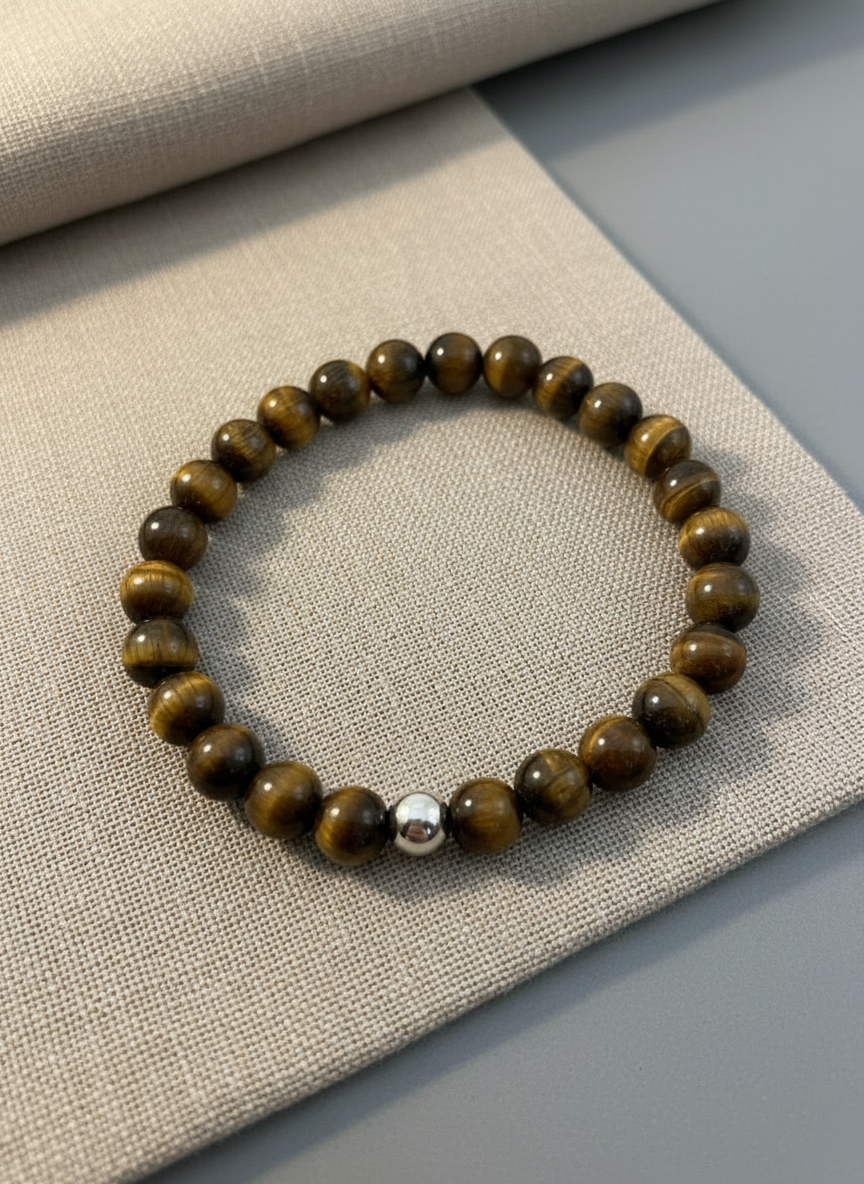 NATURAL 6MM TIGER EYE BRACELET WITH SILVER
