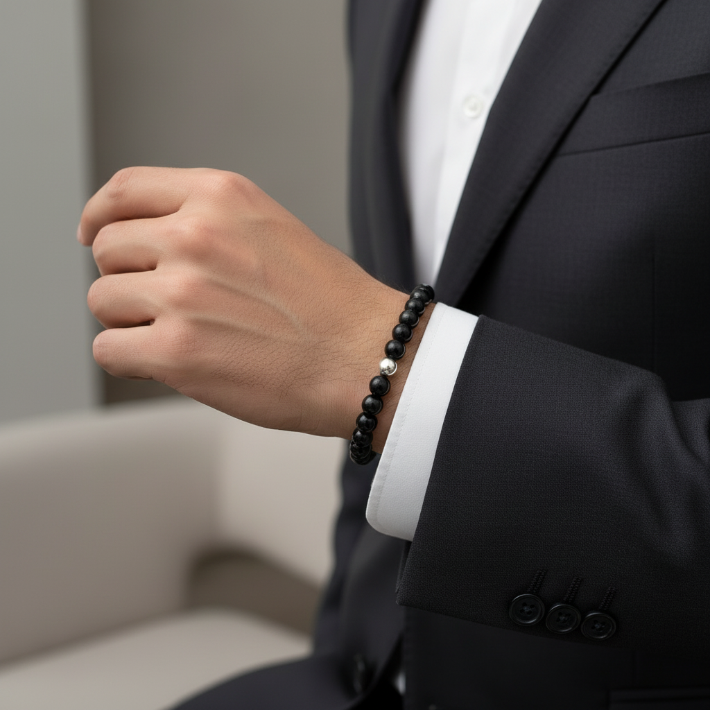 Natural 6MM BLACK ONYX  WITH SILVER